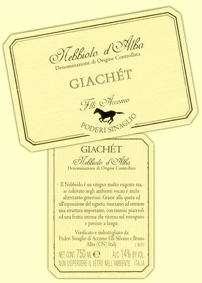 Etichetta Nebbiolo d'Alba "Giachét" D.o.c. [ fronte e retro ]