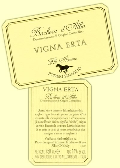 Etichetta Barbera d'Alba "Vigna Erta" D.o.c. [ fronte e retro ]